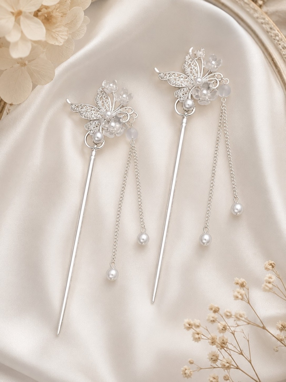 Floral Pearl Butterfly Hair Stick Set In Silver And White